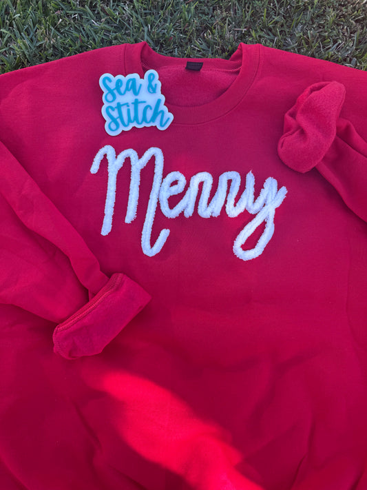 Fuzzy Script Merry Sweatshirt